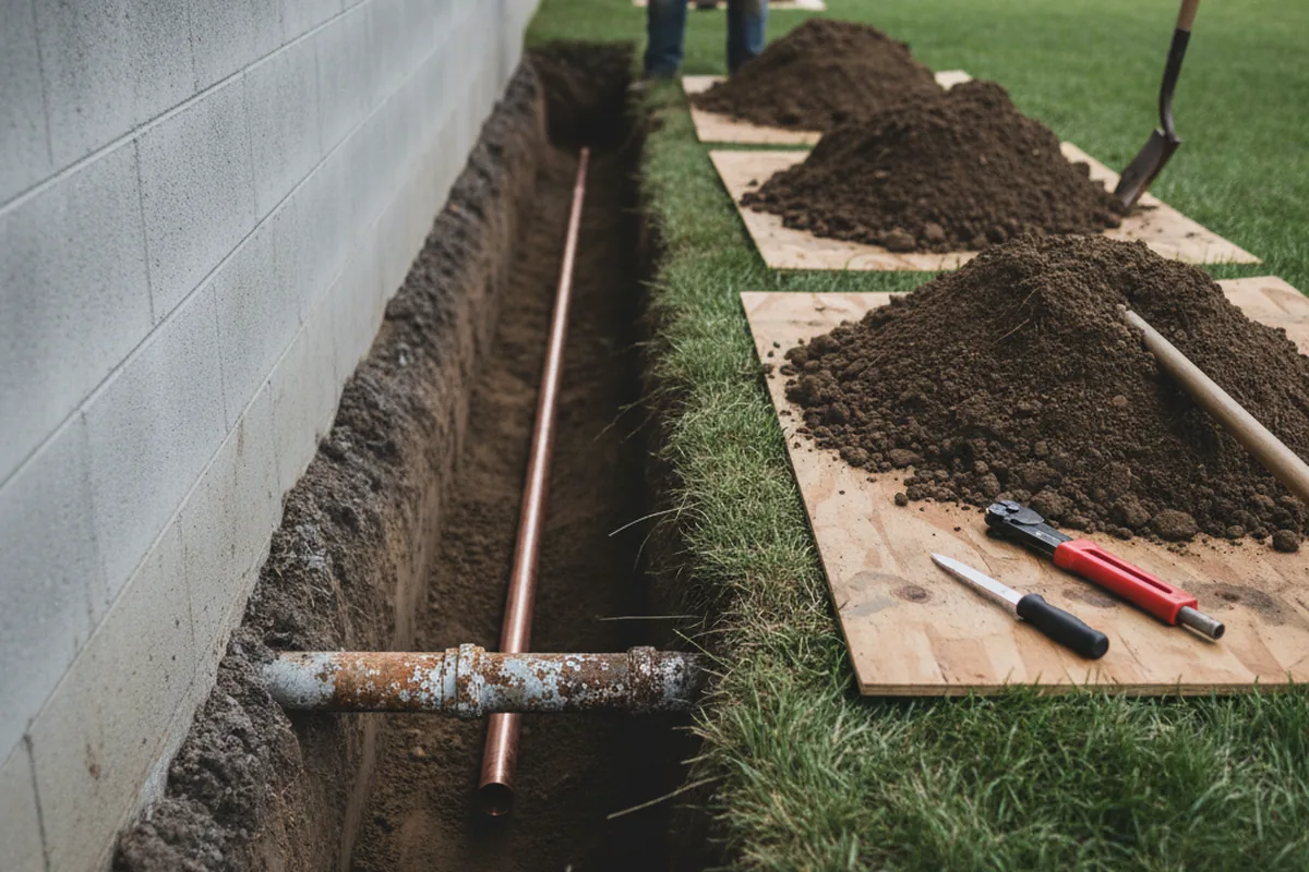 Excavated water line trench during Sewer Line Repair in Phillipsville